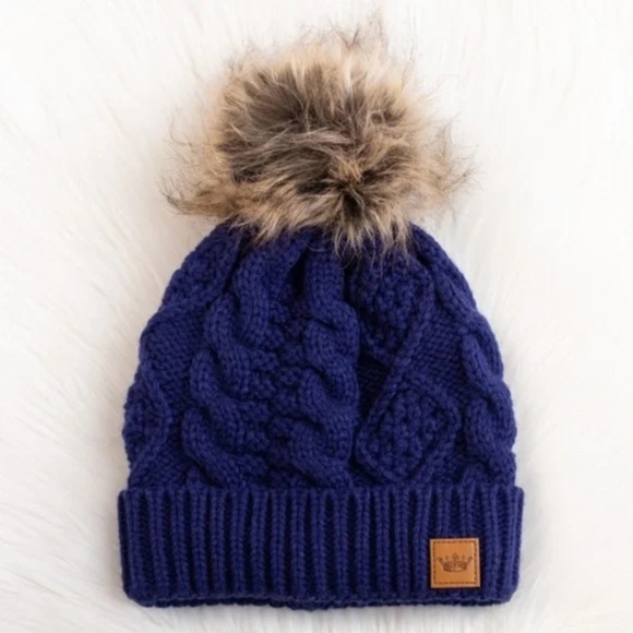 Blue Cable Knit Faux Fur Pompom Fleece Lined Women's Winter Beanie Hat - Picture 2 of 2